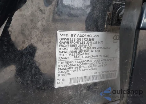 2021 Audi Q7 Prestige 55 Tfsi Quattro Tiptronic z USA, uszkodzony, nr VIN WA1VXAF73MD030808